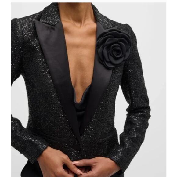 L'Agence Scarlet Black Sequin Cropped Blazer with Rose Pin Size 6 - Picture 4 of 8